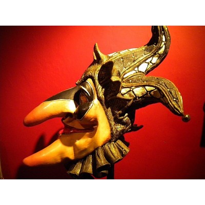 Antique Lg. 24"x 27" Jester Madi-Gras Mask w/Stand   132738334793